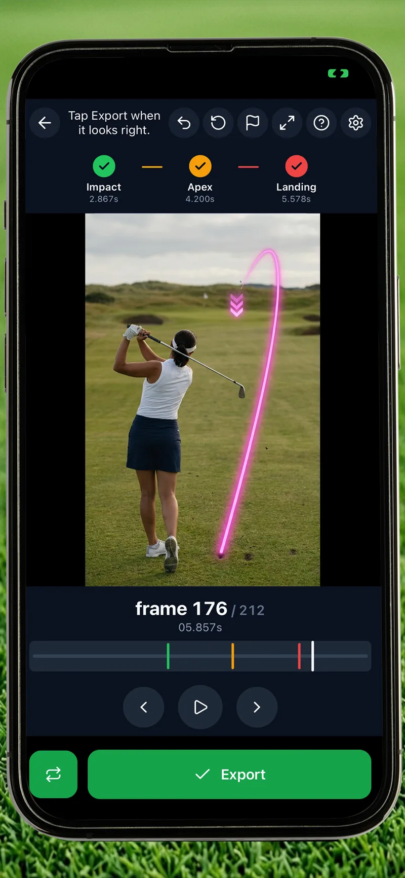 Golf Ball Tracer — free golf shot tracer app by Randolph Schilke showing a Pink Neon shot trace on a golf swing