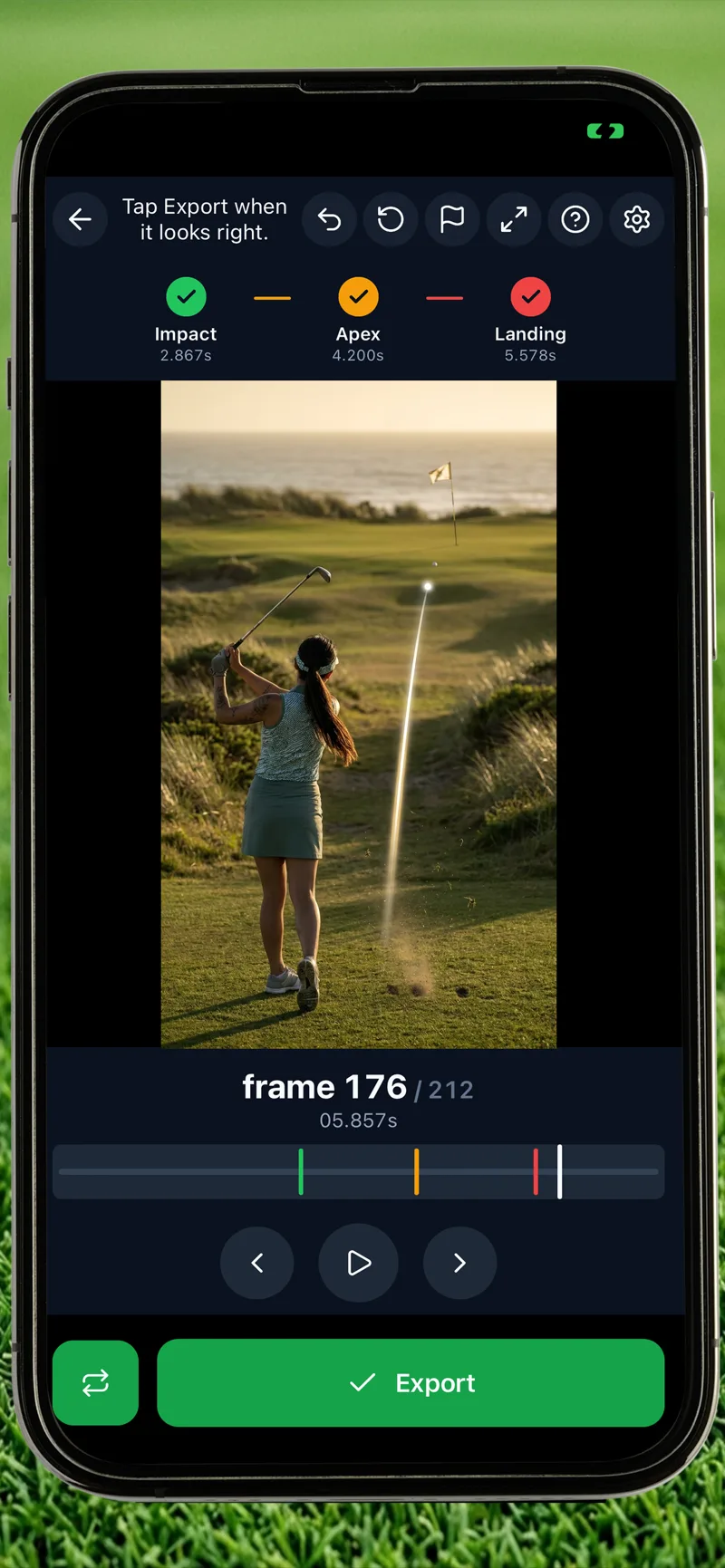 Tap impact, apex, landing — Golf Ball Tracer app screenshot