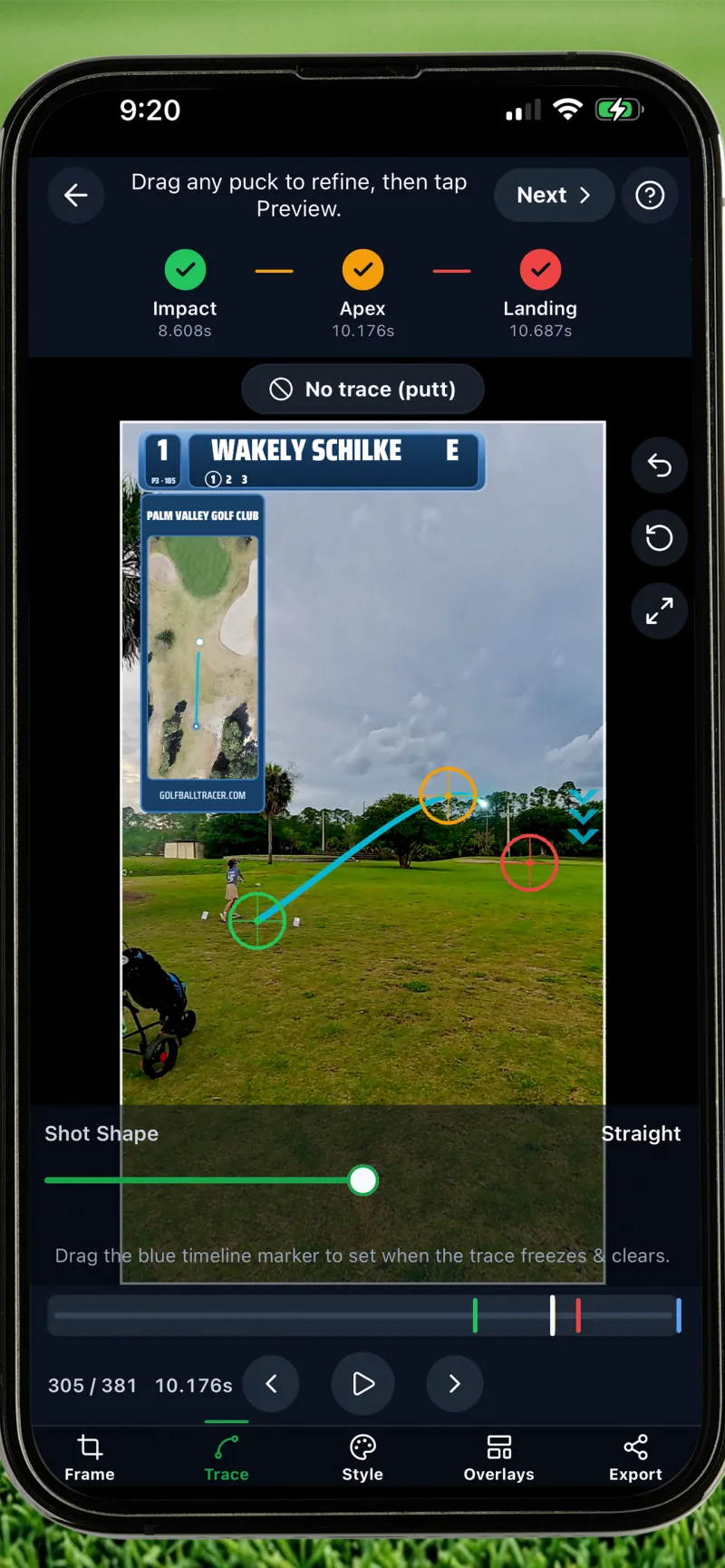 Tap impact, apex, landing — Golf Ball Tracer app screenshot