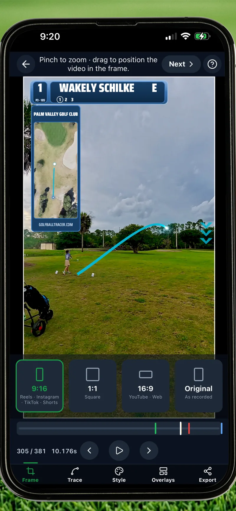 Golf Ball Tracer export framing — one-tap 9:16 for Reels and TikTok, 1:1 square, 16:9 for YouTube, or original