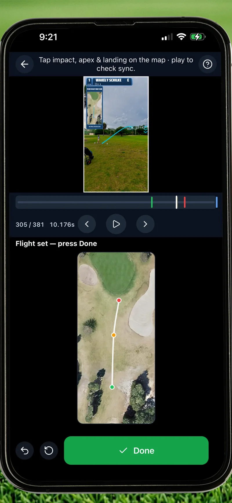 Golf Ball Tracer course map — tap impact, apex and landing on the satellite map to sync the flight path