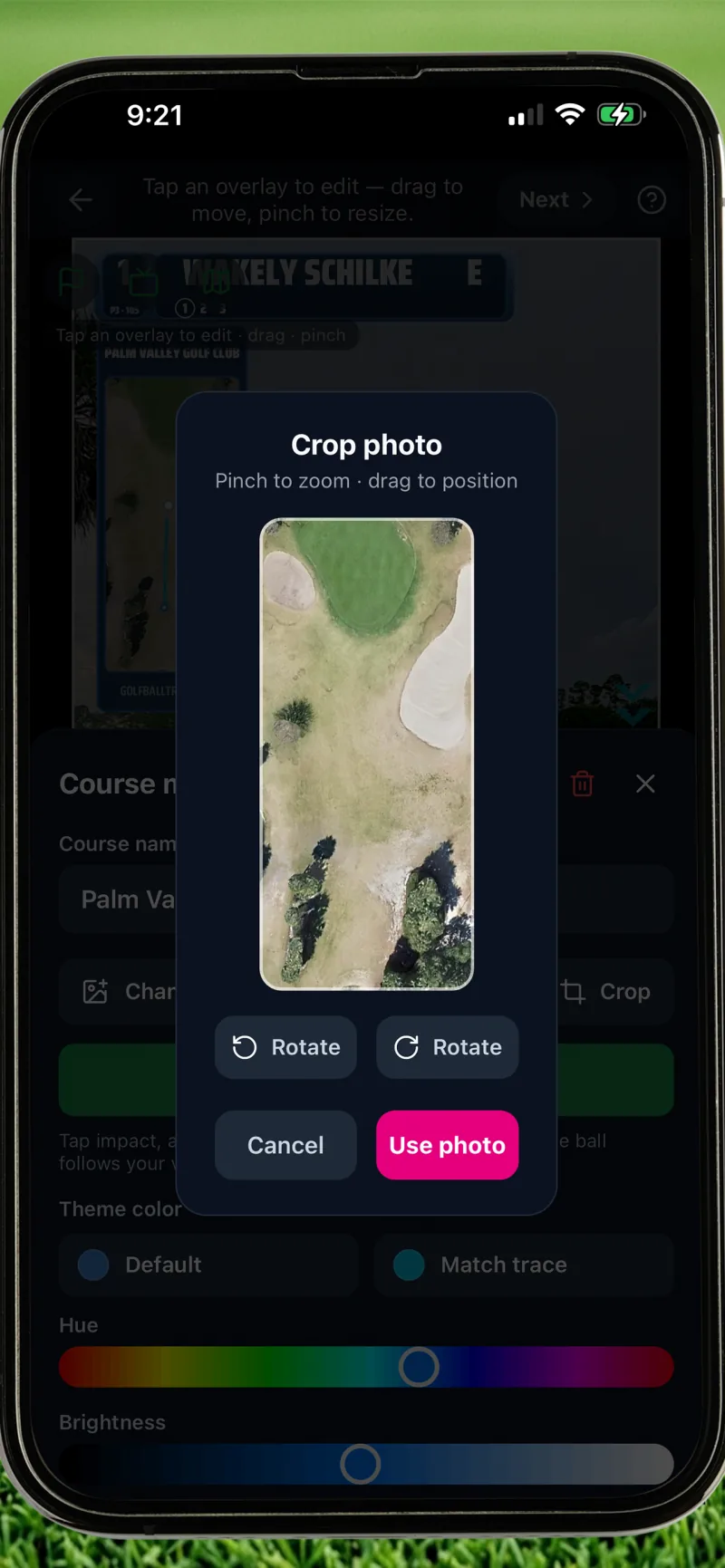 Golf Ball Tracer course map theming — crop, rotate, hue and brightness controls