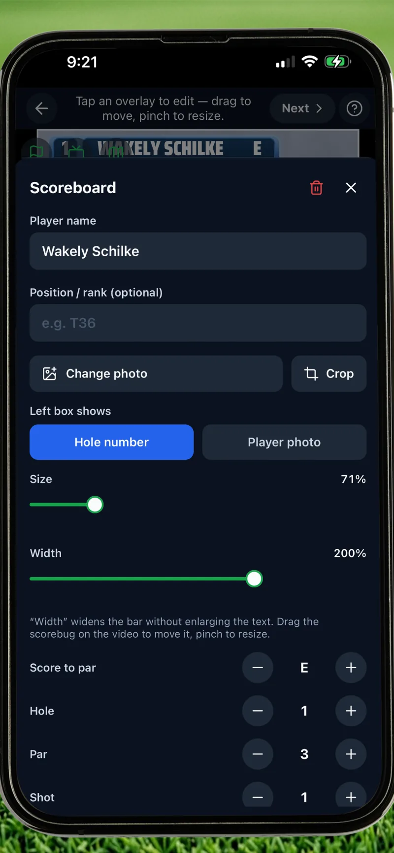 Golf Ball Tracer scoreboard editor — player name, rank, photo, hole, par and score-to-par controls